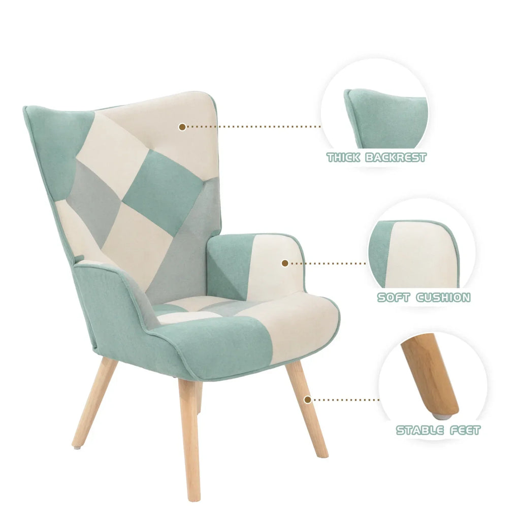 2026 NewModern Accent Chair with Solid Wood Legs and High Wing Backrest, Side Chair Set with Ottoman, Comfy Side Armchair for Living Room, Reading Room, Bedroom, Colorful Patchwork