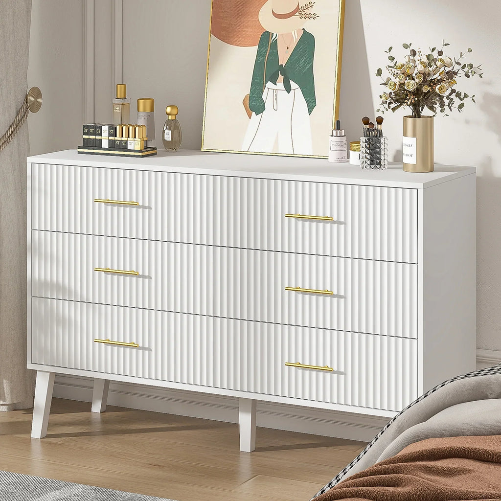 2026 NewFluted 6 Drawers Dresser, Wide Modern Chest of Drawers, 6 Drawer Double Dresser