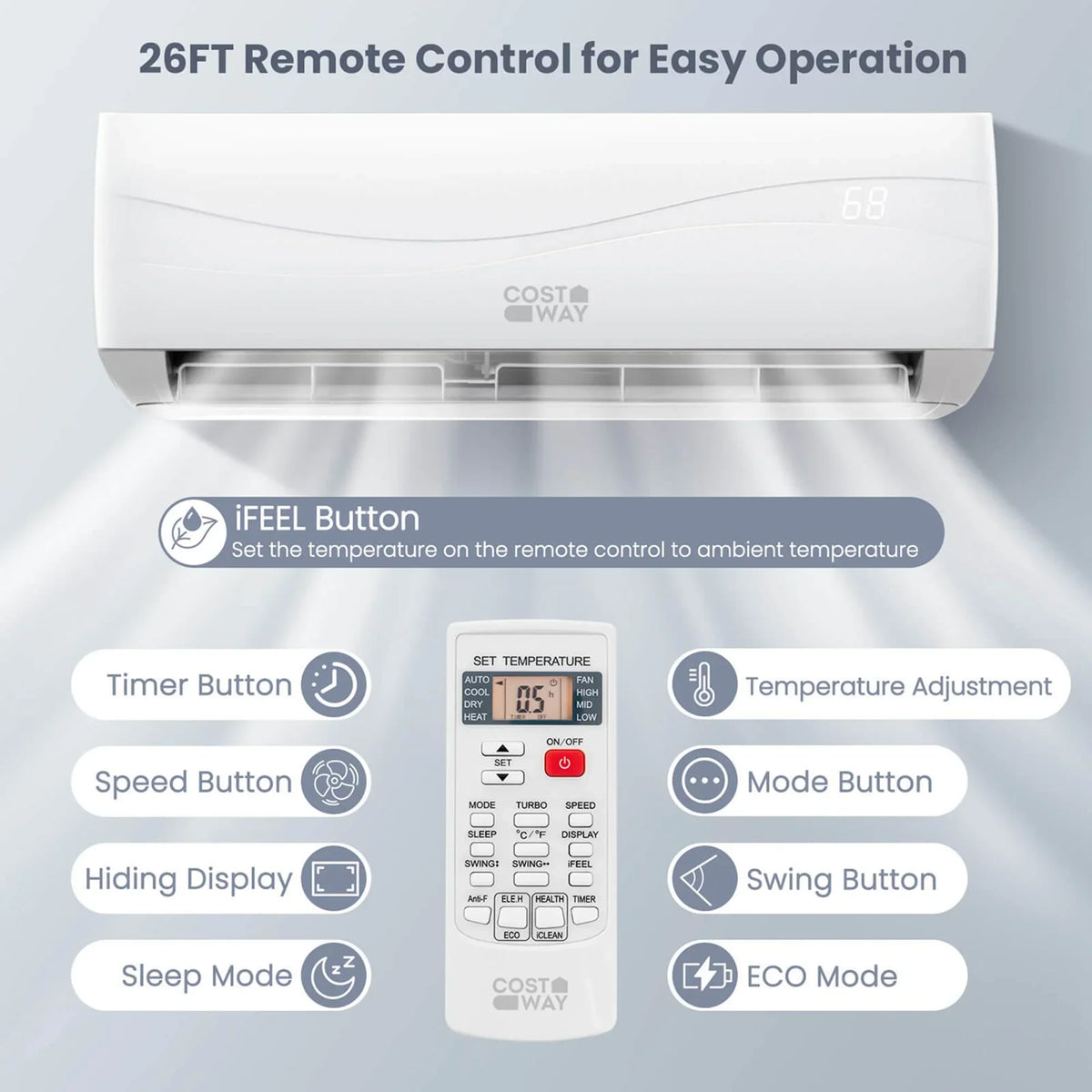 2026 NewCostway 18000 BTU Mini Split Air Conditioner & Heater 19 SEER2 1250 Sq. Ft Coverage
