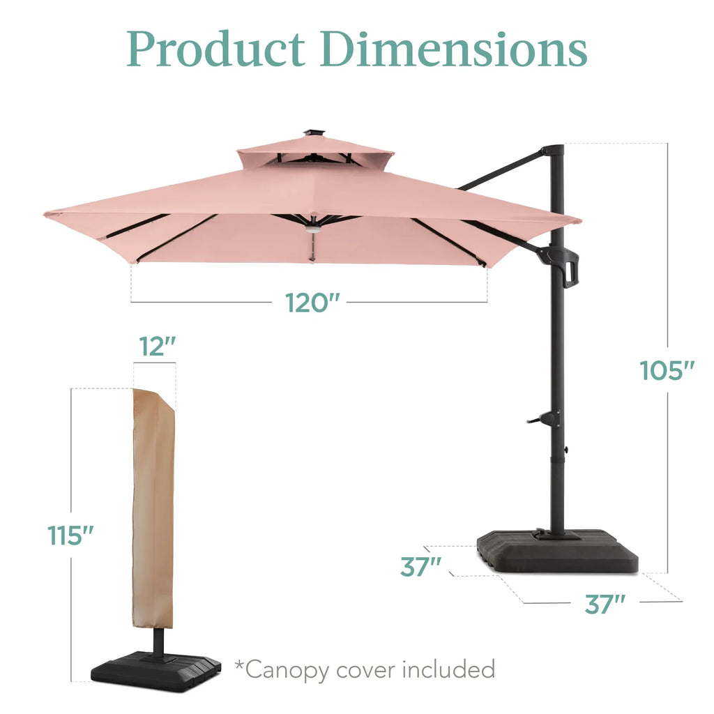 2026 NewBest Choice Products 10x10ft 2-Tier Square Outdoor Solar LED Cantilever Patio Umbrella w/ Base Included - Tan