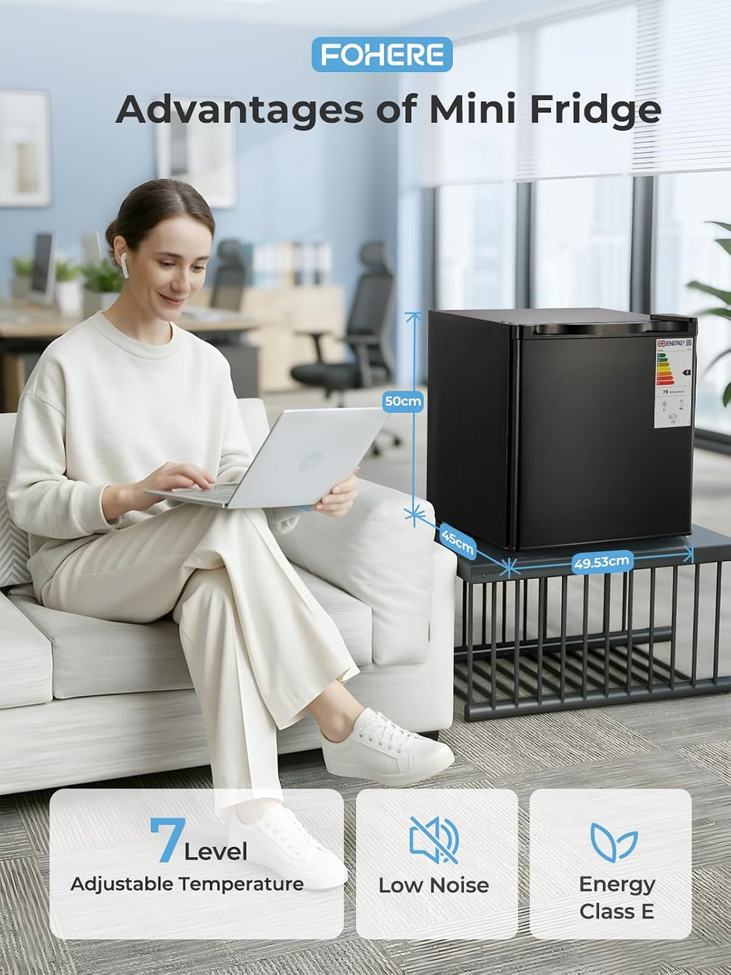 2026 Mininevera FOHERE de 46 litros, pequeña, con sistema de refrigeración de 7 etapas, de bajo consumo, súper silenciosa, puerta reversible y patas ajustables, ideal para hoteles, oficinas y apartamentos pequeños, color negro.