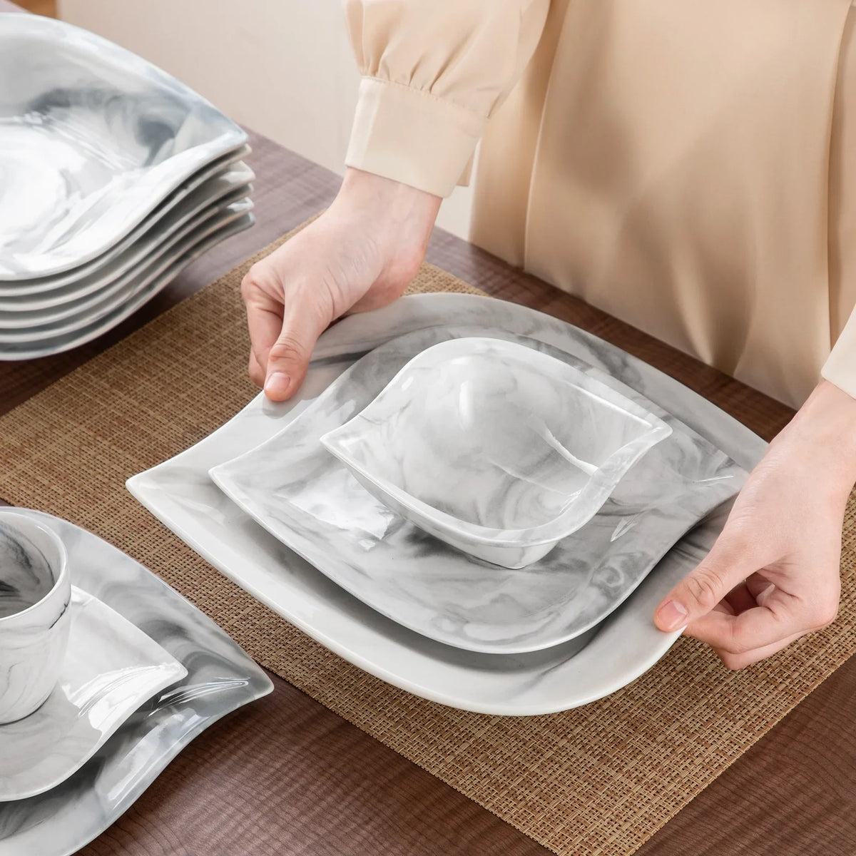 2026 Newvancasso 36 pcs Dinnerware Sets, Plates and Bowls Set for 6, Porcelain Dinner Set, Marble Gray