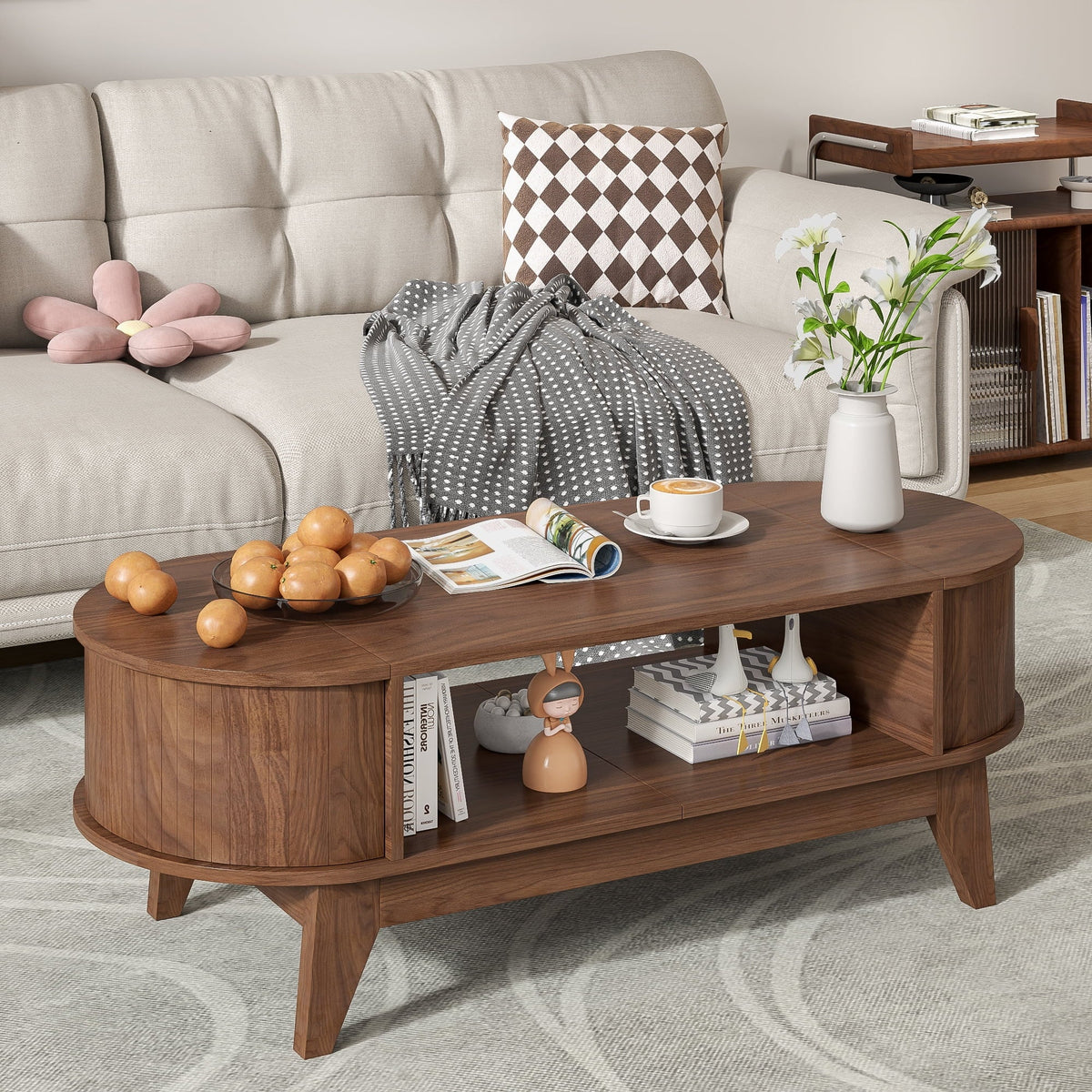 2026 NewFluted Coffee Table with Storage, Modern Coffee Tables, Wood Accent Center Table
