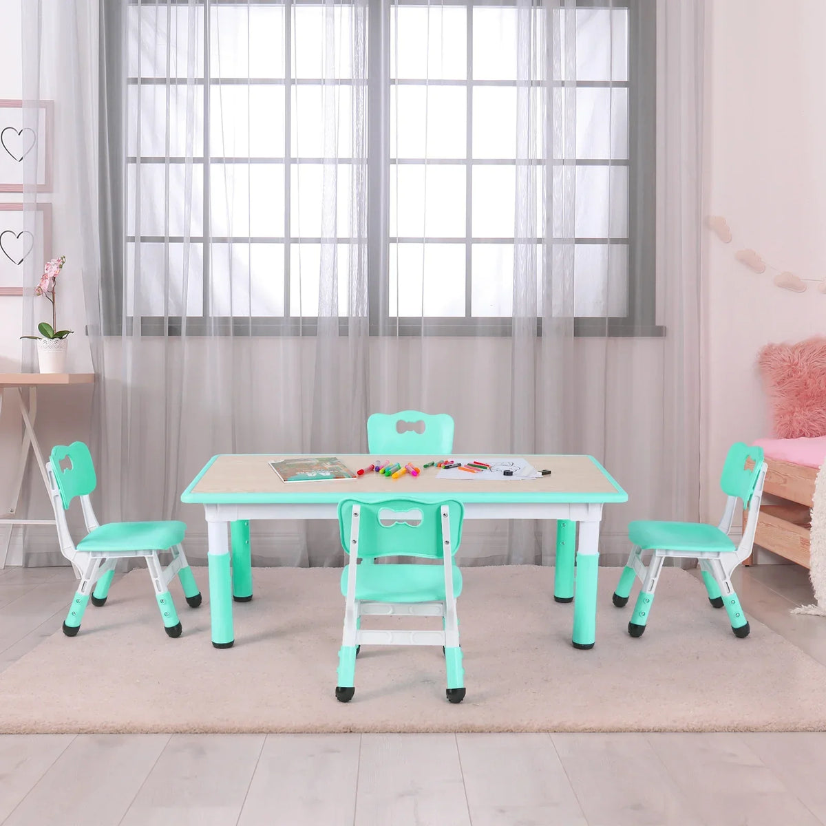 2026 NewLAZY BUDDY Kids Table and 4 Chairs Set, Height Adjustable Toddler Desk with Graffiti Desktop, Kids Activity Table Set for Daycare, Home