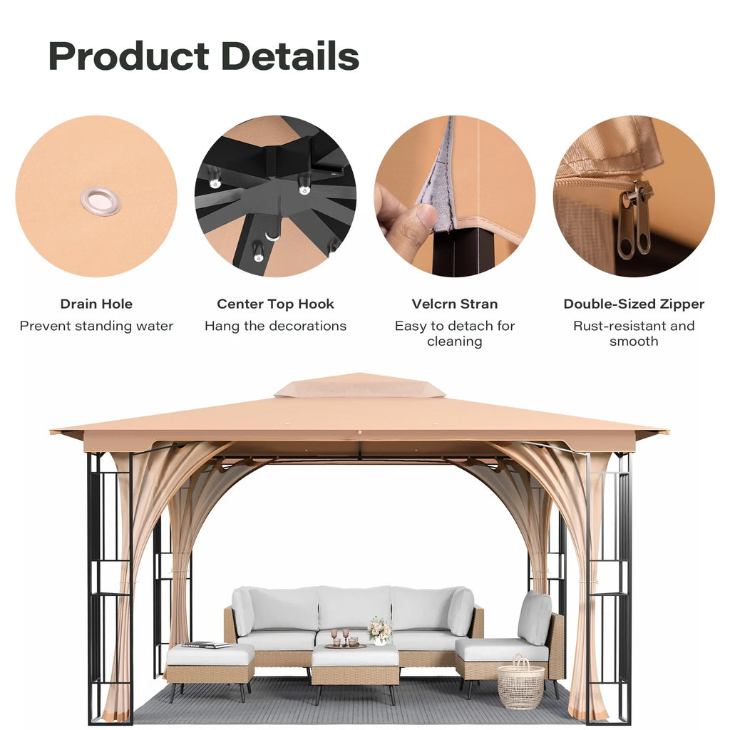 2026 NewLAUSAINT HOME Patio Gazebo 13'x11',Heavy Duty Gazebos Shelter Party Tent with Double Roofs, Mosquito Nettings for Backyard, Garden, Lawn,(Khaki)
