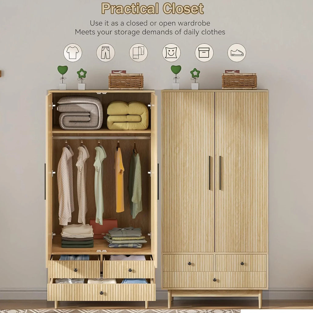 2026 NewOubayajia Wardrobe Armoire Closet, 2 Fluted Doors Wardrobe Cabinet with 3-Drawer and Hanging Rod, Wood Wardrobe Storage for Bedroom