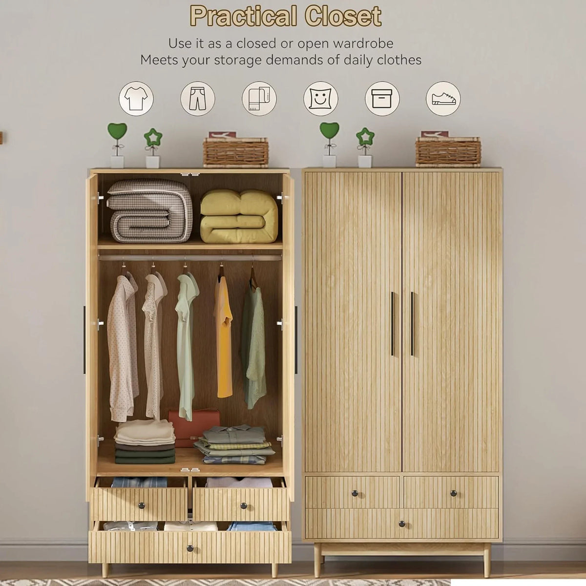 2026 NewOubayajia Wardrobe Armoire Closet, 2 Fluted Doors Wardrobe Cabinet with 3-Drawer and Hanging Rod, Wood Wardrobe Storage for Bedroom