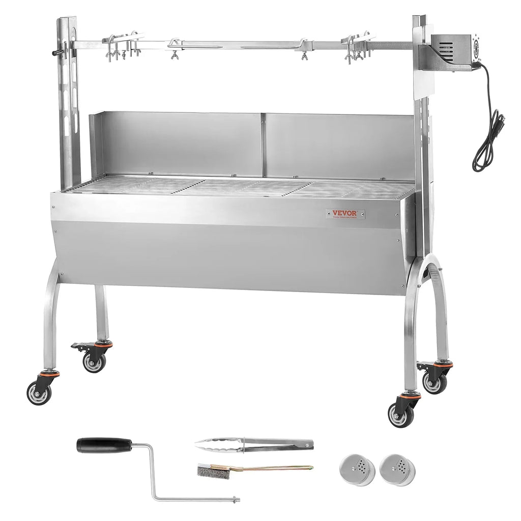 2026 NewVEVOR Rotisserie Grill with Windscreen, BBQ Whole Pig Lamb Goat Charcoal Spit Grill, 46 Inch 132 Lbs Capacity, Electric 52W Motor Stainless Steel Roaster with Lockable Wheels, for Camping Outdoor