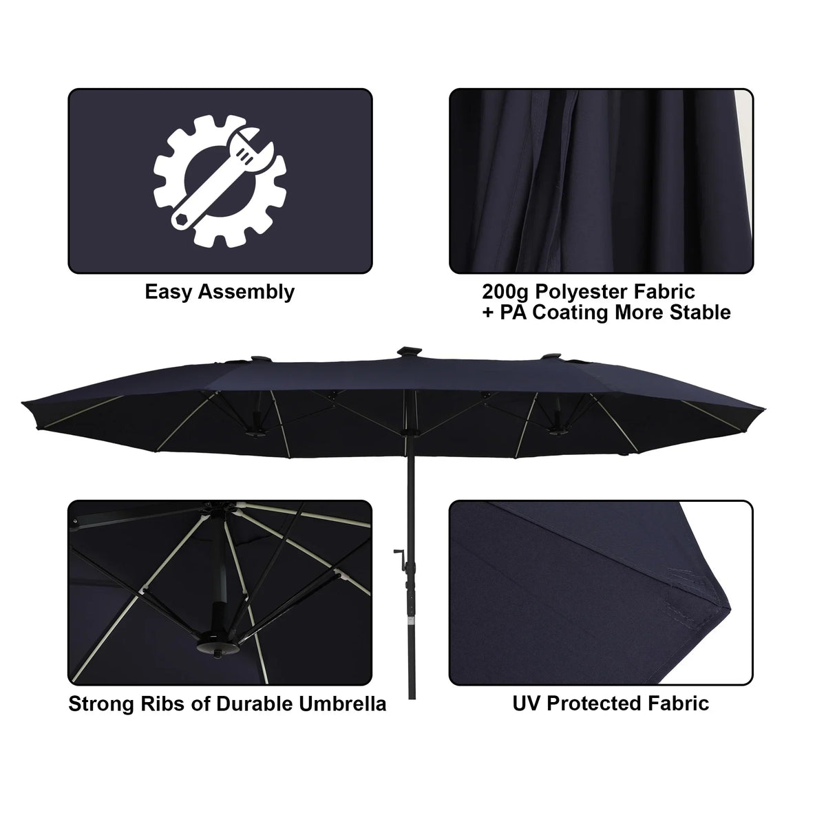 2026 NewMondawe 15ft Patio Umbrella, Large Double-Sided Solar LED Outdoor Umbrella with Fiberglass Ribs and Base for Deck Pool, Navy Blue