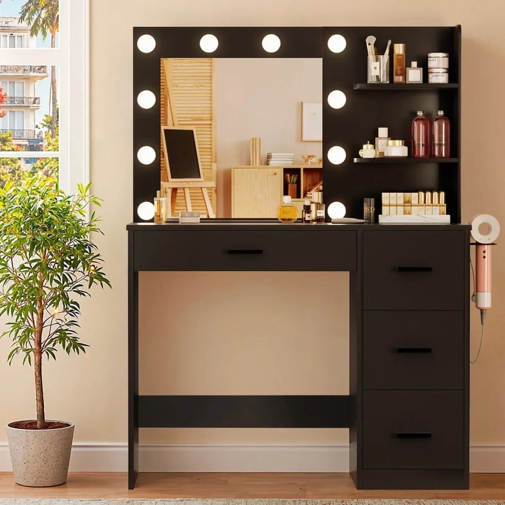 2026 NewLacoo Vanity Desk with Mirror and LED Lights, Makeup Vanity with 7 Drawers & 4 Shelves, Vanity Table with Power Outlet for Bedroom Dressing Room, White