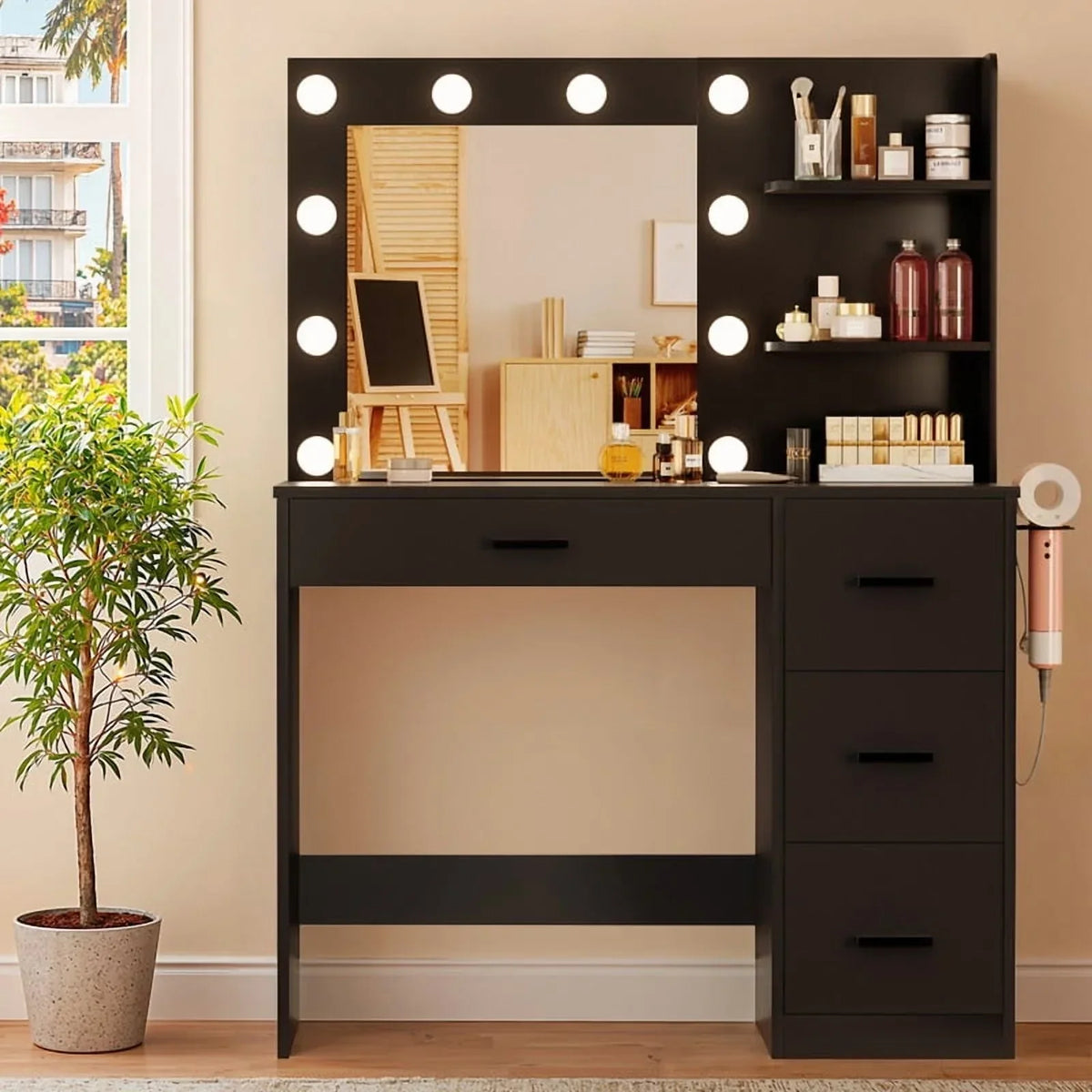 2026 NewLacoo Vanity Desk with Mirror and LED Lights, Makeup Vanity with 7 Drawers & 4 Shelves, Vanity Table with Power Outlet for Bedroom Dressing Room, White