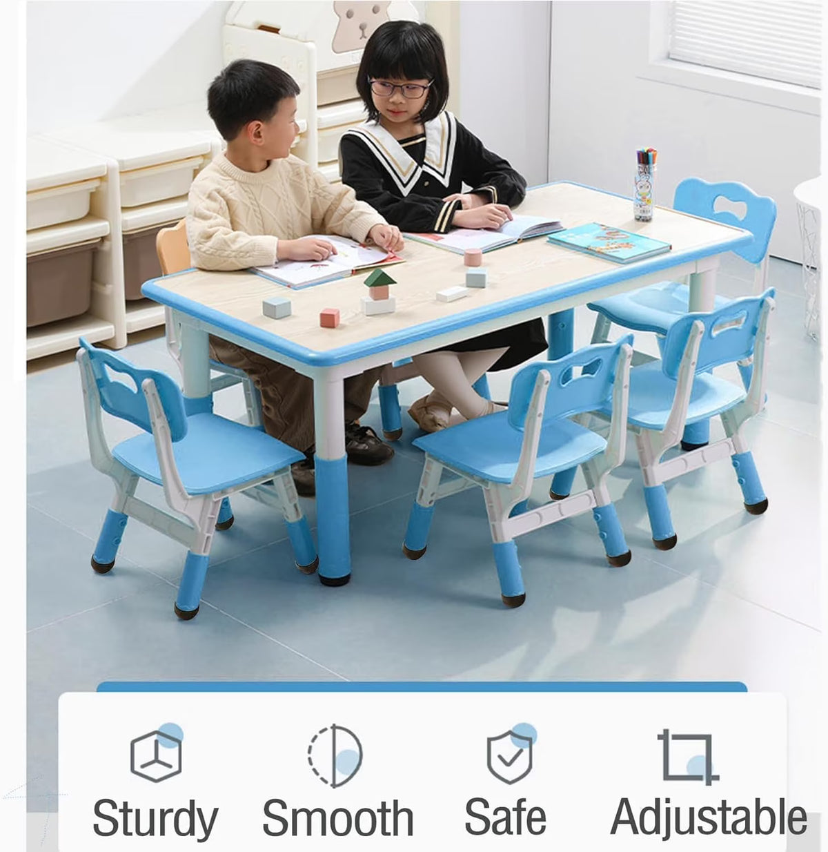 2026 NewTROPOW Kids Table and Chairs,Height Adjustable Toddler Table and 6 Chair,Multi-Activity Table with Graffiti Desktop Non-Slip Legs for Ages 2-10,Children Activity Table for Daycare,Classroom,Blue