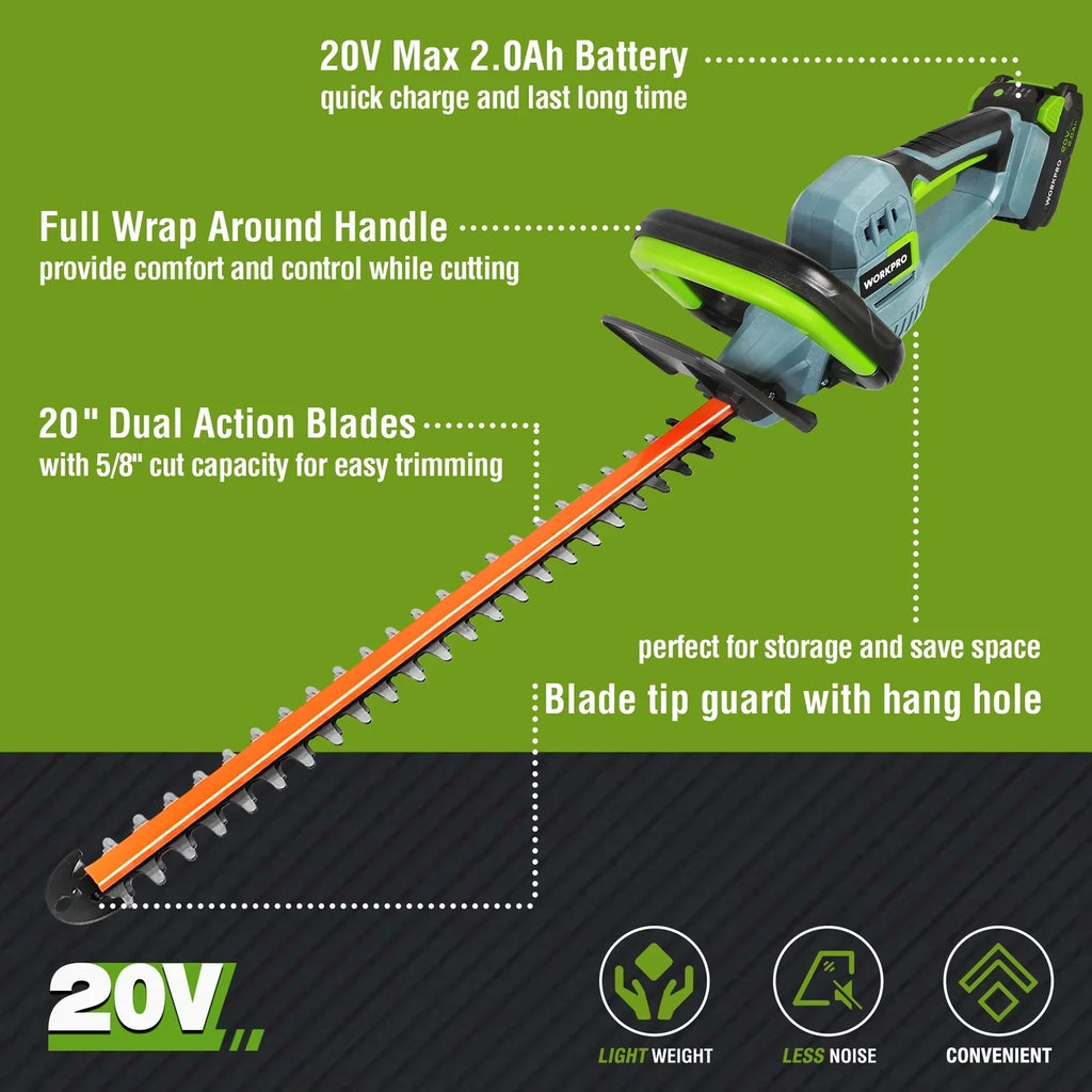2026 NewWORKPRO 20V Cordless Hedge Trimmer, 20" Dual Action Blades Electric Hedge Trimmer, with Battery and Charger