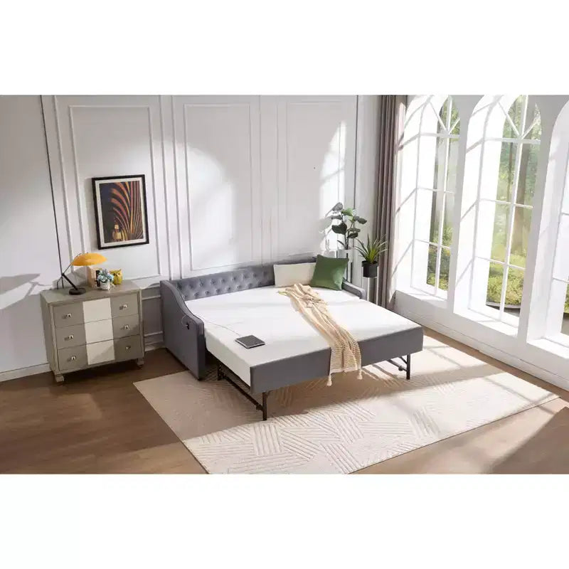 2026 Cama sofá Twin con cama nido, tapizada en terciopelo, puerto USB y bolsillos laterales - ModernLuxe