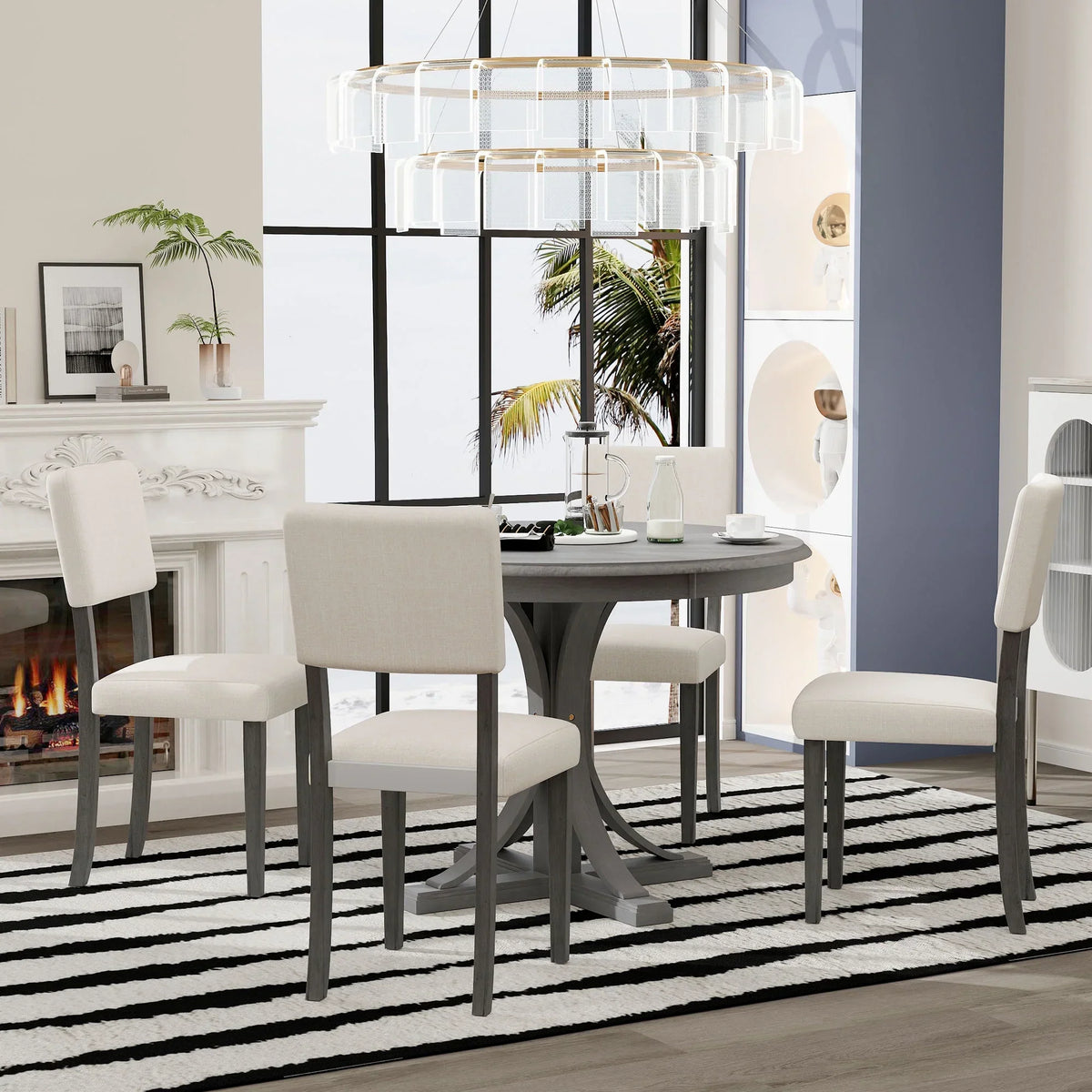 2026 New5 Piece Retro Round Dining Table Set with 4 Upholstered Chairs, Wood Dining Table with Curved Trestle Style Legs
