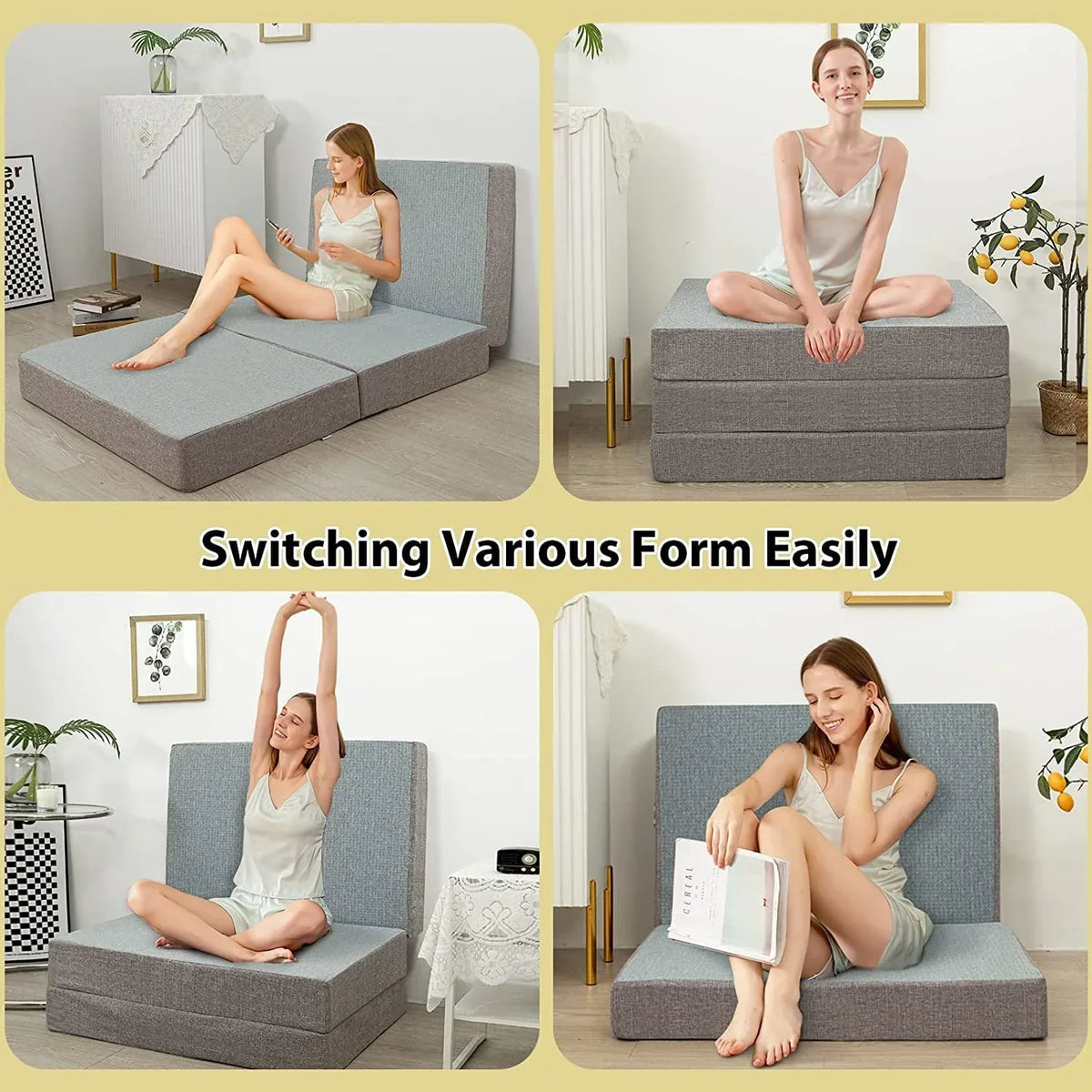 2026 NewMAXYOYO Foldable Mattress, 6 Inch Foam Trifold Mattress Camping Mattress, Portable Floor Mattress Folding Bed with Washable Cover Cot Folding Mattress for Travel, Van, Guest, Grey, 32x75 Inch