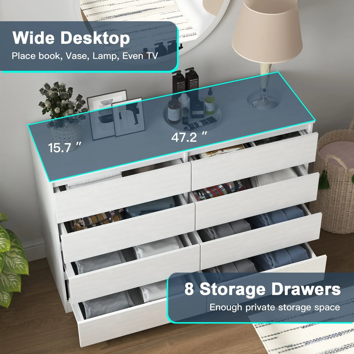 2026 NewResenkos Modern Mid Century 6 Drawer Wide Dressers Chests for Bedroom, Chest of Drawer Organizer Grey