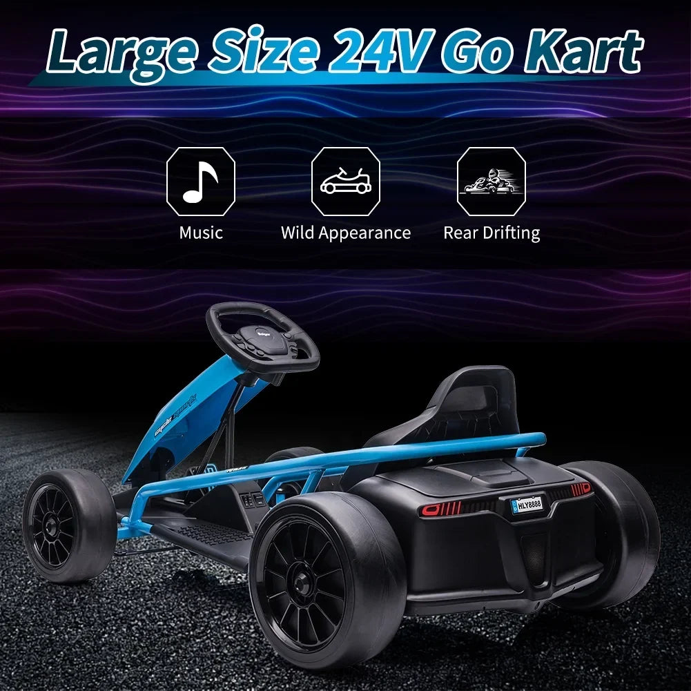 2026 NewSimzone Go Kart for Kids 24V Battery 300WX2 Motors Pedal On Foot Go Cart 8MPH High Speed Drifting Car with Slow Start Function Music Elastic Durable Tires, Blue
