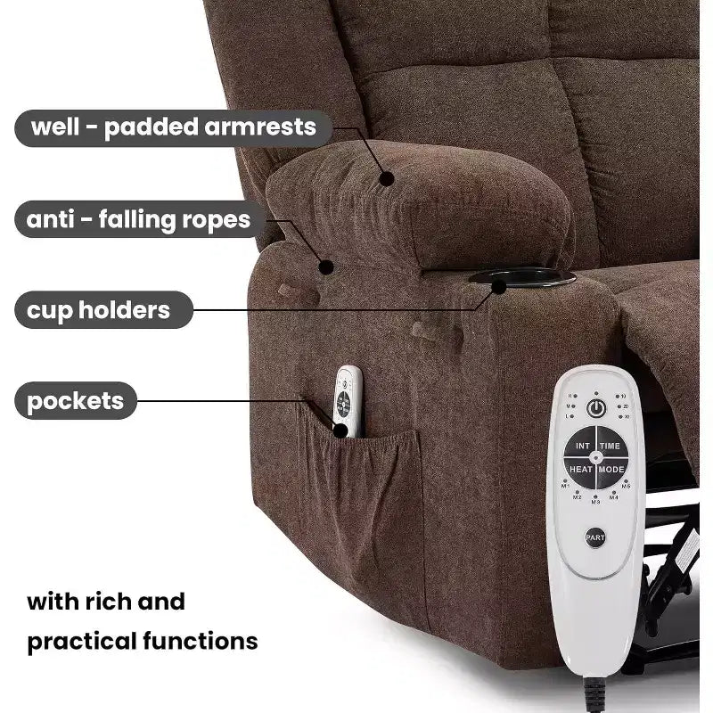 2026 Sillón reclinable manual con masaje por vibración y calefacción lumbar, bolsillo lateral y portavasos