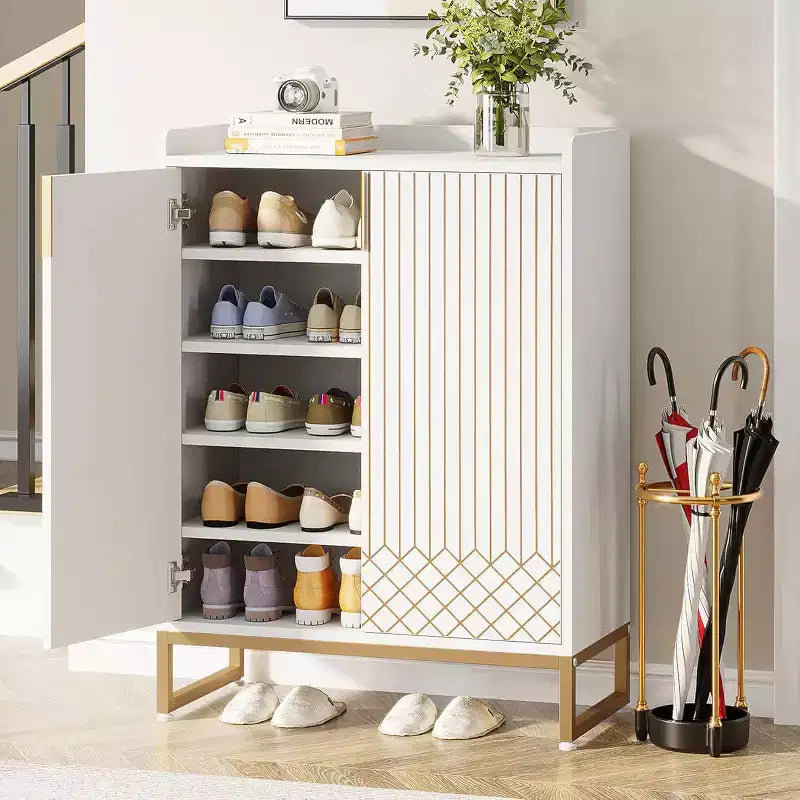 2026 Zapatero de madera de 5 niveles con puertas, capacidad para 25 pares, blanco