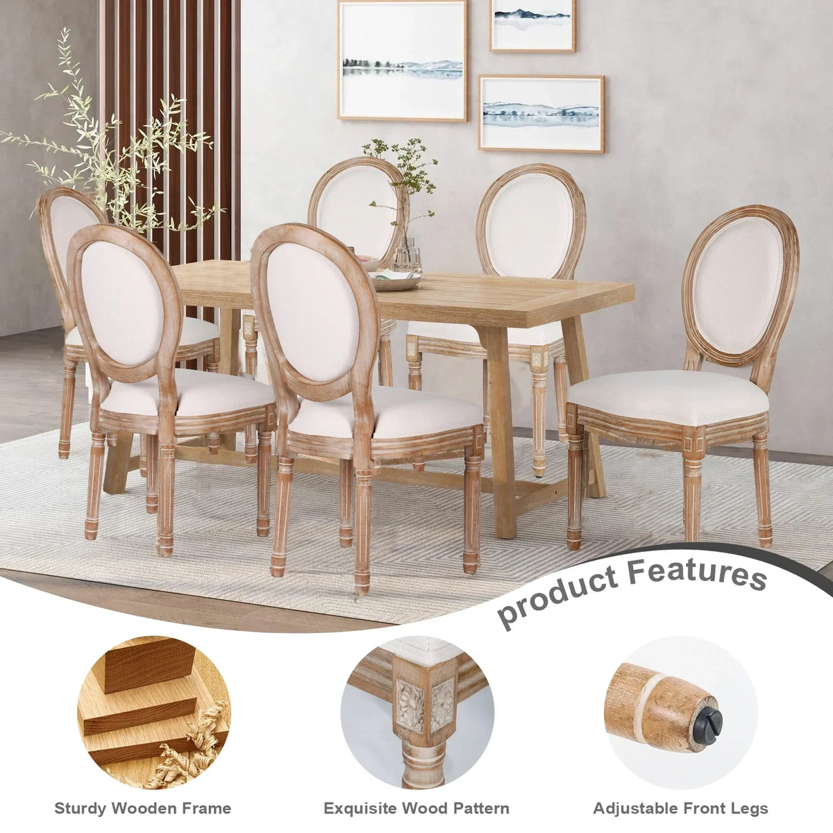 2026 NewFrench Dining Chairs Set of 2 Beige Natural Fabric Round Back with Solid Wood Legs and Frame for Bedroom Dining Room Kitchen