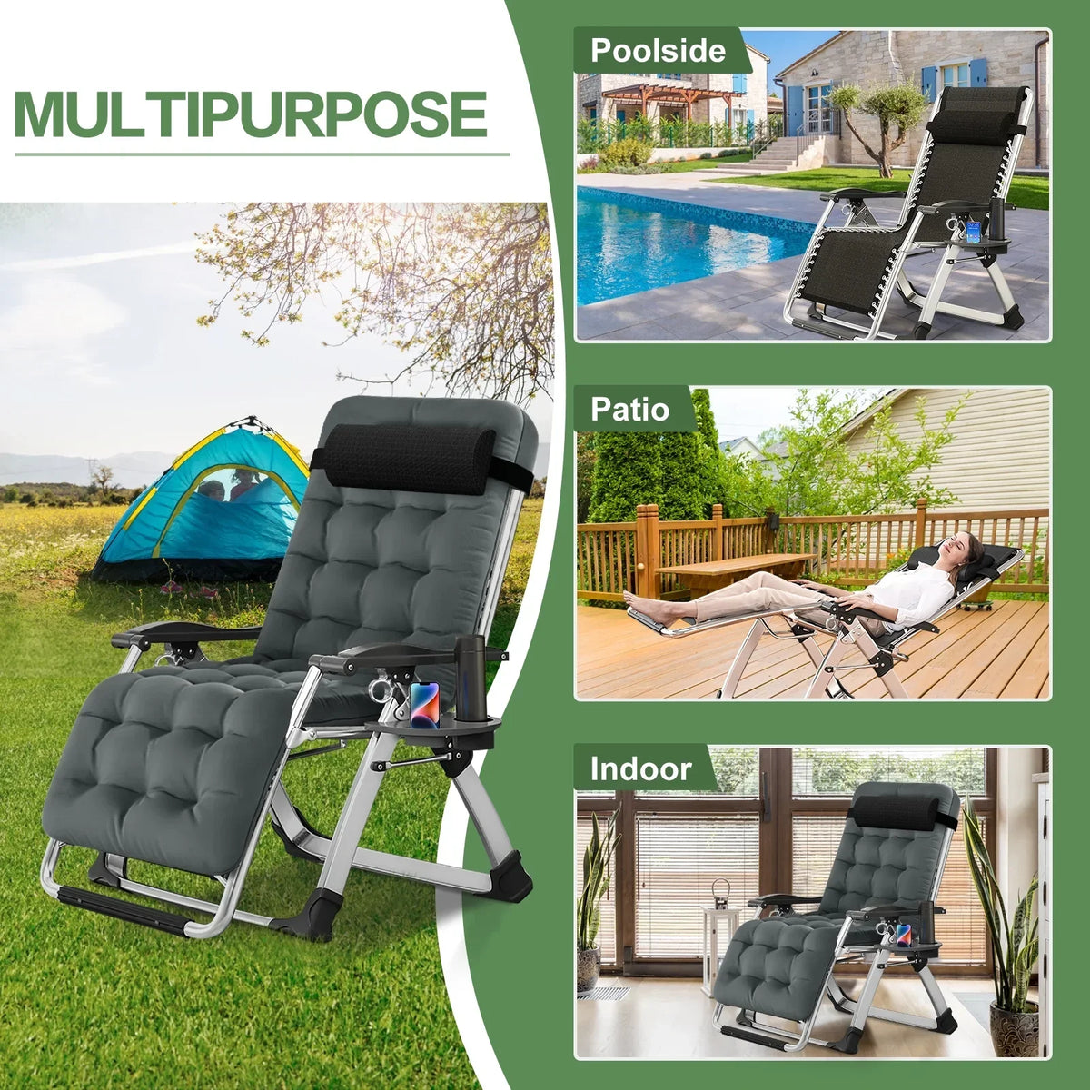 2026 NewNAIZEA 2 Pack Zero Gravity Chair, Foldable Portable Lawn Recliner with Cushion, Headrest, Cup Holder, Black
