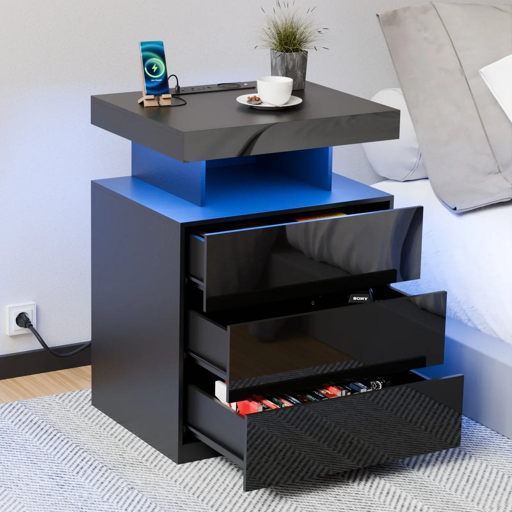 2026 NewHommpa LED Nightstand Wireless Charging Station USB Type C Outlets Bedside Table 3 Drawers Black Night Table Modern Smart Nightstand High Gloss End Side Table for Bedroom Furniture 26.8" Tall