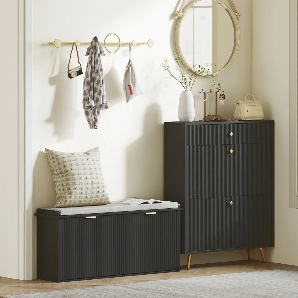 2026 NewHOMCOM Shoe Bench with Padded Seat Cushion and Flip-Drawer, Entryway Bench Holds up to 529lb, 40.9x10.2x18.7 Inches, Black