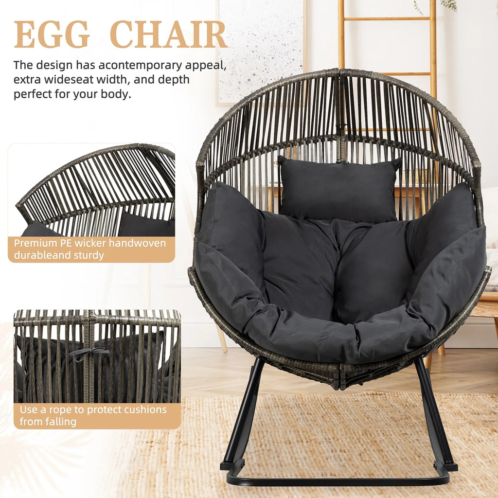 2026 NewWalsunny Egg Chairs Outdoor Patio Wicker Oversized Egg Shell Lounger Lawn Chair with Cushion for Indoor Outside Porch Balcony Backyard, Original Wood Color Rattan Beige Cushion