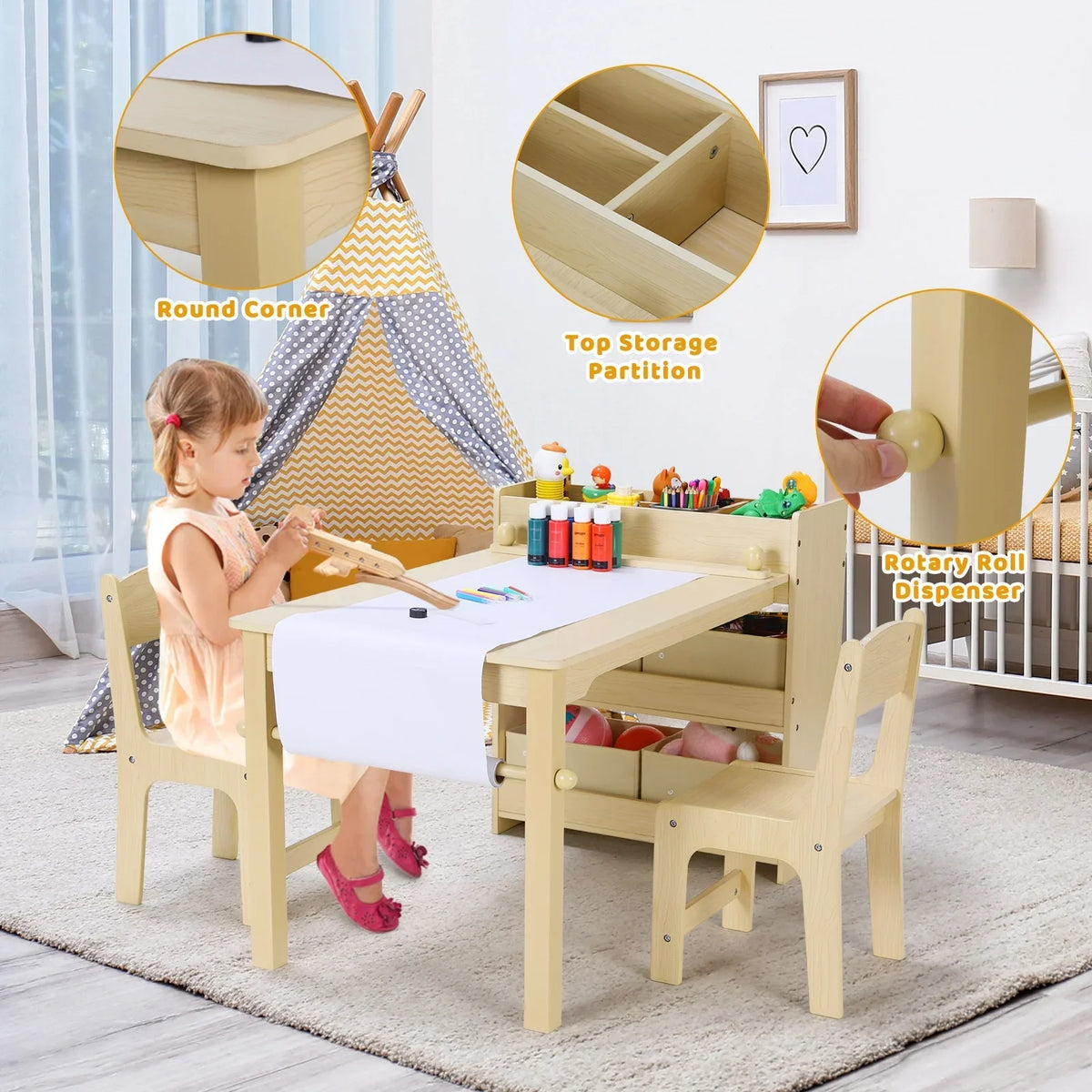 2026 NewPirecart Kids Art Table and 2 Chairs Toddler Craft Set Wooden Play Activity Drawing Table with 4 Storage Bins and Paper Roll