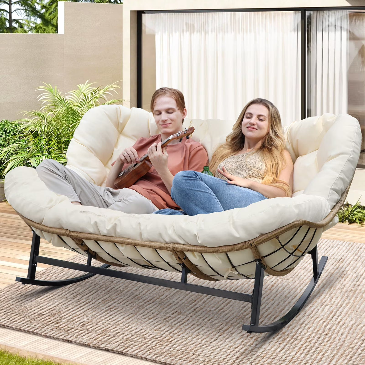 2026 NewRADIATA Beige Double Outdoor Rocking Chair, 2 Person Patio Rocking Egg Chair with Thick Cushion