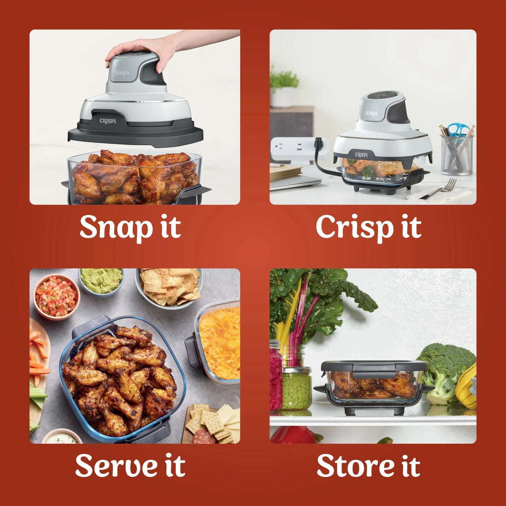 2026 NewNinja Crispi 3-in-1 Portable Glass Air Fryer Cooking System, 1500W, 4-Qt & 5-Cup TempWare Glass Containers with Storage Lids, Microwave, Freezer & Dishwasher Safe, White, FN100WH