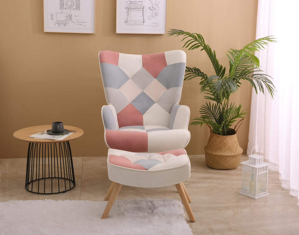 2026 NewModern Accent Chair with Solid Wood Legs and High Wing Backrest, Side Chair Set with Ottoman, Comfy Side Armchair for Living Room, Reading Room, Bedroom, Colorful Patchwork