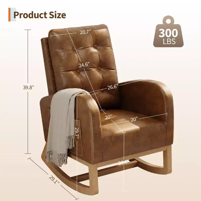 2026 Sillón mecedora deslizante tapizado con bolsillo lateral, estructura de madera, 1 plaza