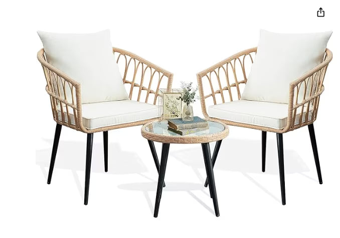 2026 NewFHFO 3 Piece Patio Bistro Set, Outdoor Wicker Apartment Balcony Furniture Sets, Rattan Table and Chairs Set of 2 for Porch Backyard Lawn Poolside Deck, Beige