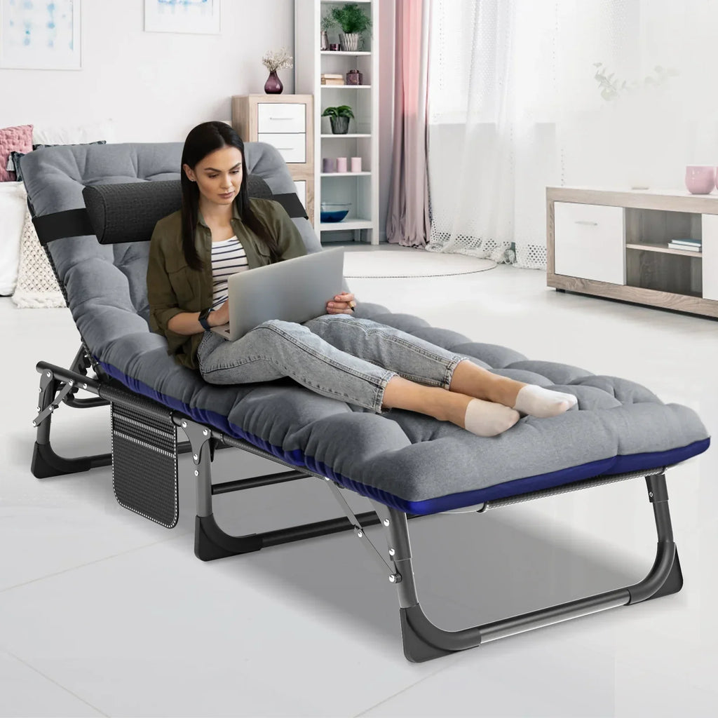 2026 NewMOPHOTO Lounge Chair with Mattress, Outdoor Chaise Lounge Support 440 Lbs, Adjustable Portable Heavy Duty Sleeping Cots Bed for Camping, Pool, Beach, Patio