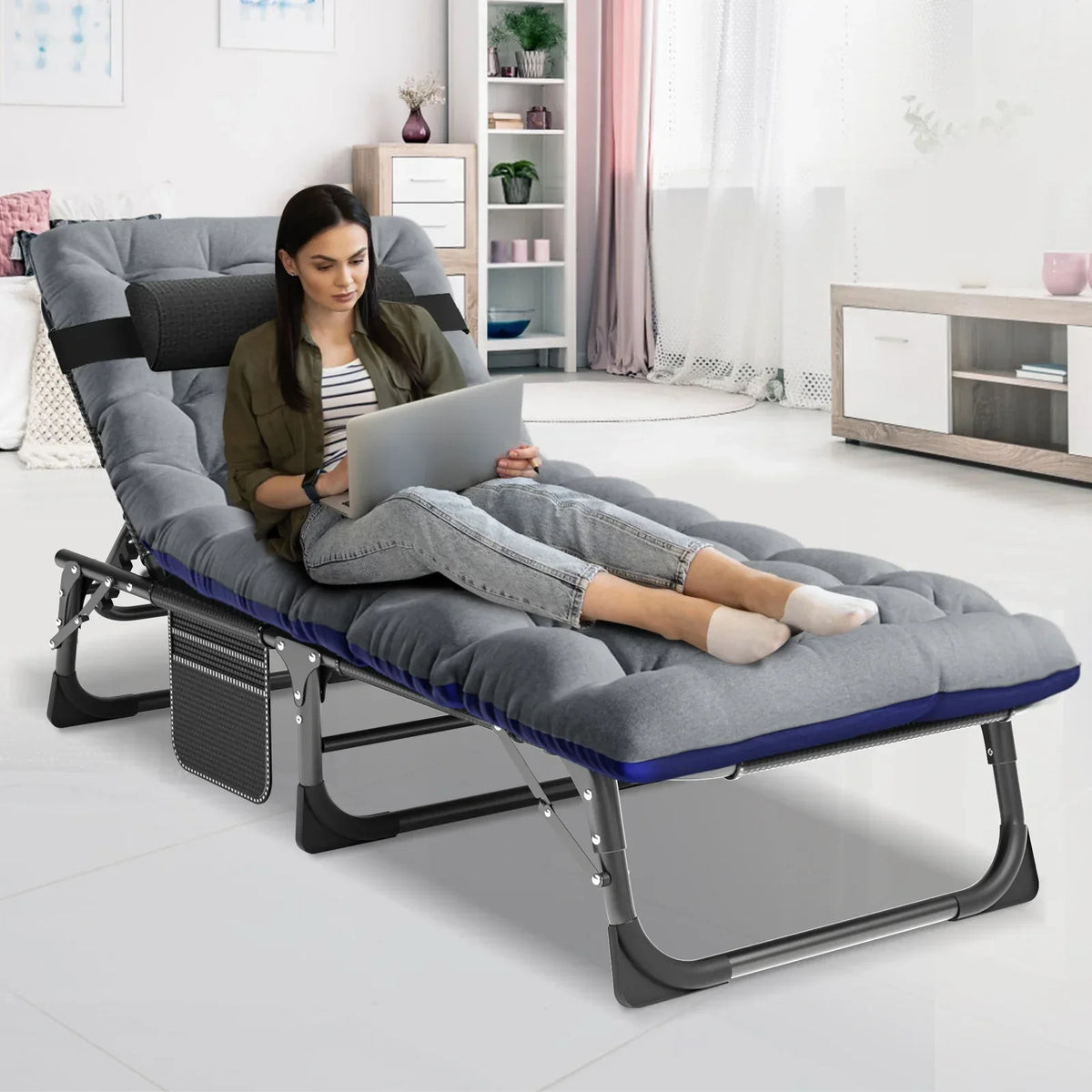 2026 NewMOPHOTO Lounge Chair with Mattress, Outdoor Chaise Lounge Support 440 Lbs, Adjustable Portable Heavy Duty Sleeping Cots Bed for Camping, Pool, Beach, Patio