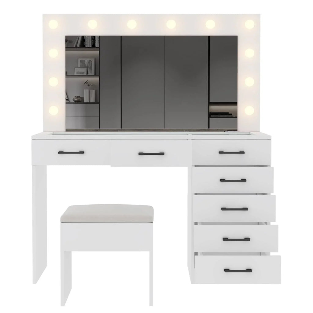 2026 NewKtaxon Large Makeup Vanity, Vanity Table Set w/ Visible Glass Top w/ Charging Station, White