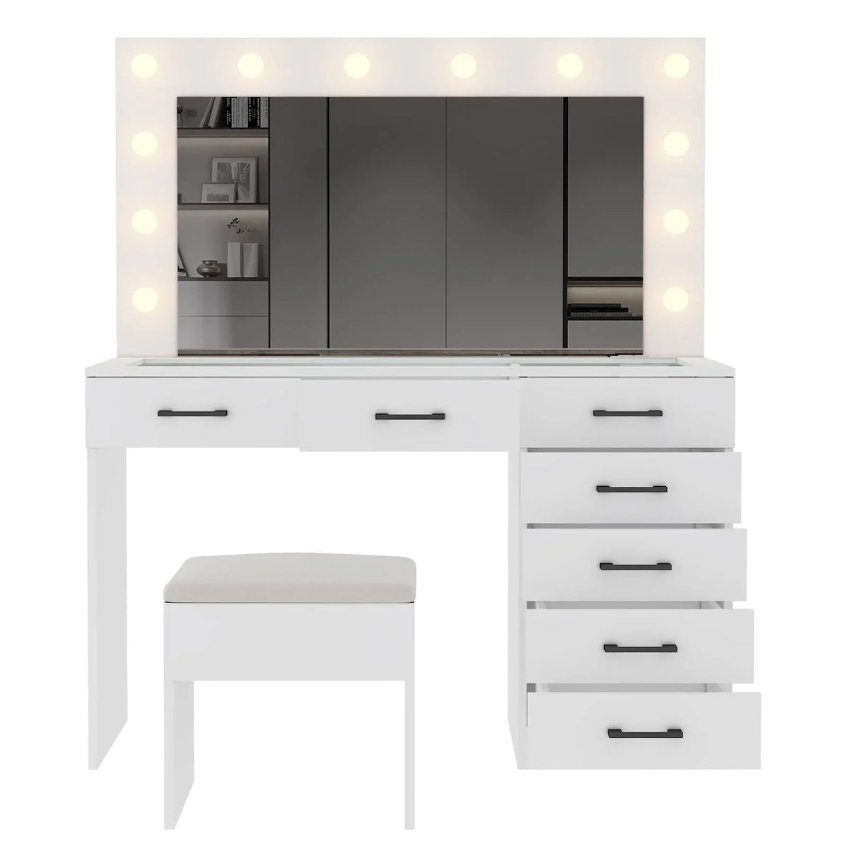 2026 NewKtaxon Large Makeup Vanity, Vanity Table Set w/ Visible Glass Top w/ Charging Station, White