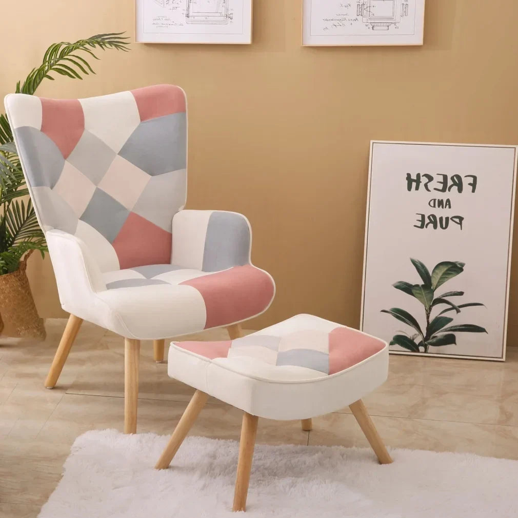 2026 NewModern Accent Chair with Solid Wood Legs and High Wing Backrest, Side Chair Set with Ottoman, Comfy Side Armchair for Living Room, Reading Room, Bedroom, Colorful Patchwork