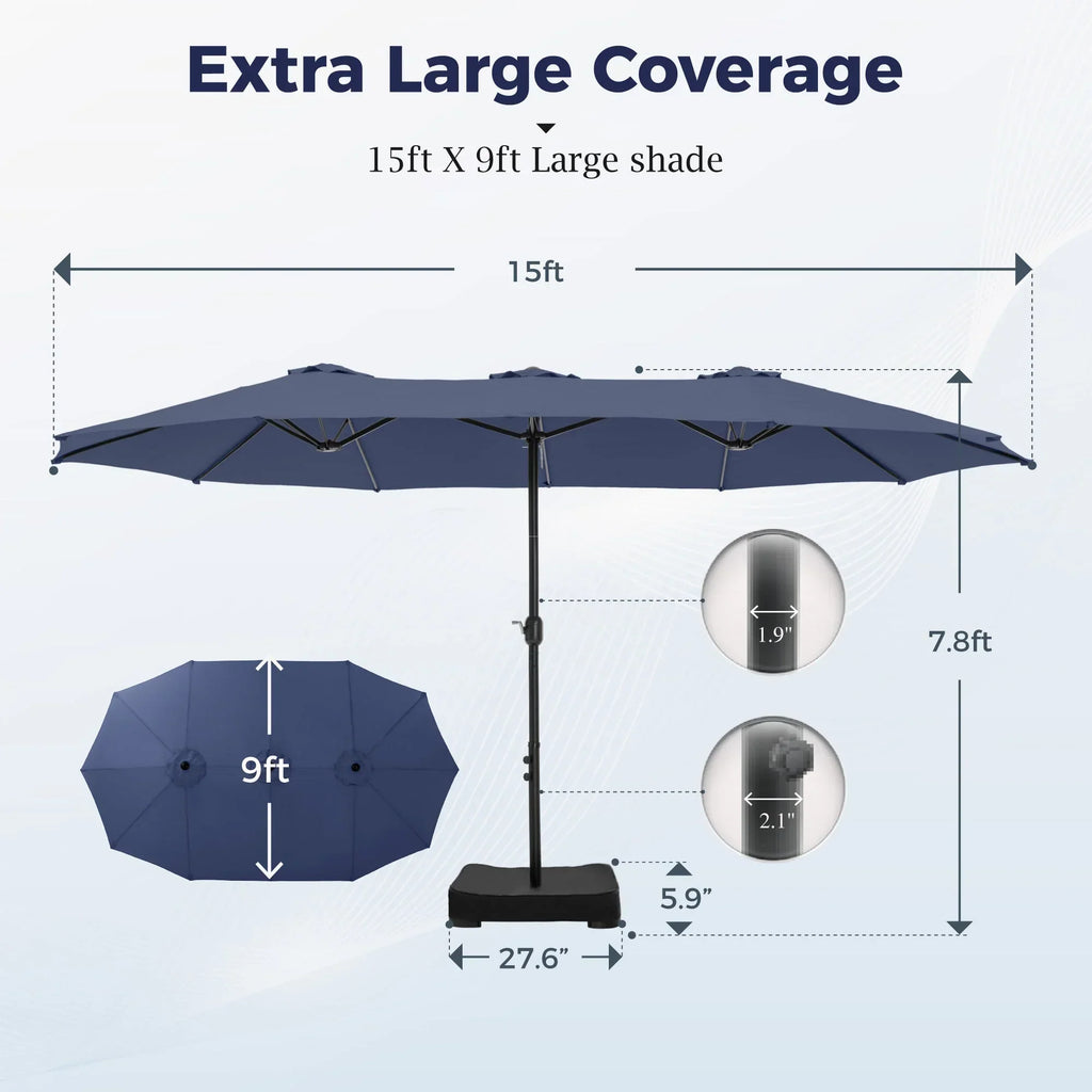 2026 NewAlpha Joy 15ft Outdoor Patio Umbrella Extra-Large Double-Sided Garden Umbrella with Crank Handle and Base - Smoky Gray