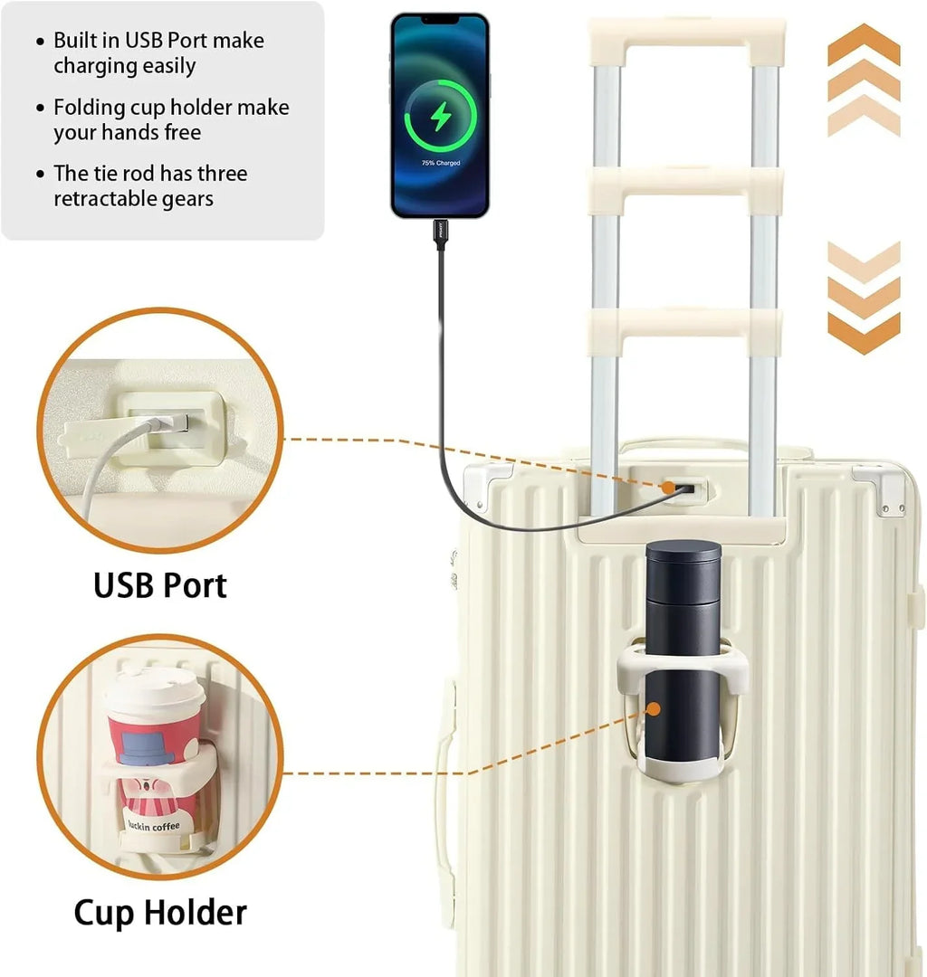 2026 New20 Inch Carry On Luggage With Cup Holder & USB Port, Airline Approved TSA-locked Luggage, Lightweight PC Material Travel Suitcase With 360" Spinner Wheel