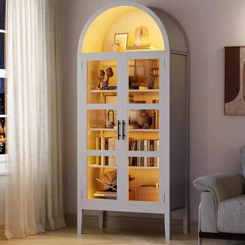 2026 Armario de almacenamiento arqueado negro/blanco de 71" con luces LED y puertas de cristal