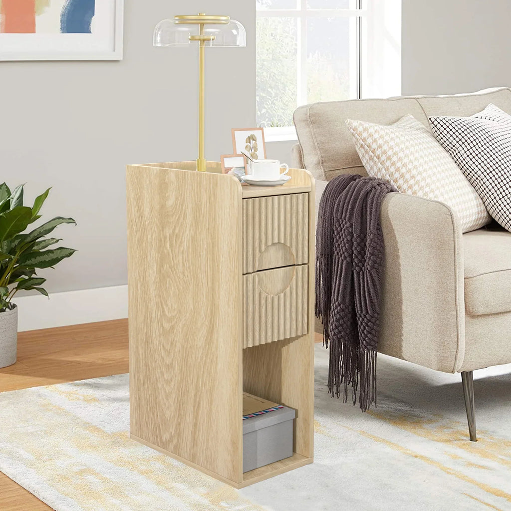 2026 NewNarrow Nightstand Set of 2 with Drawers, Fluted Slim Side End Table with Storage for Small Spaces