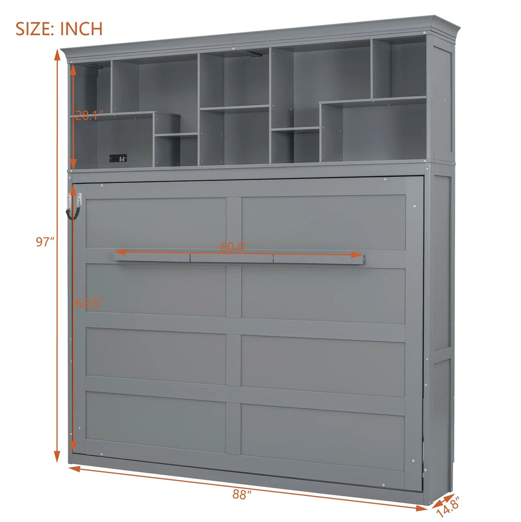 2026 NewQueen Size Murphy Bed Wall Bed with Top Shelves & USB Charging, Space-Saving Cabinet Bed with Flexible Slats, Gray Modern Foldable Bed