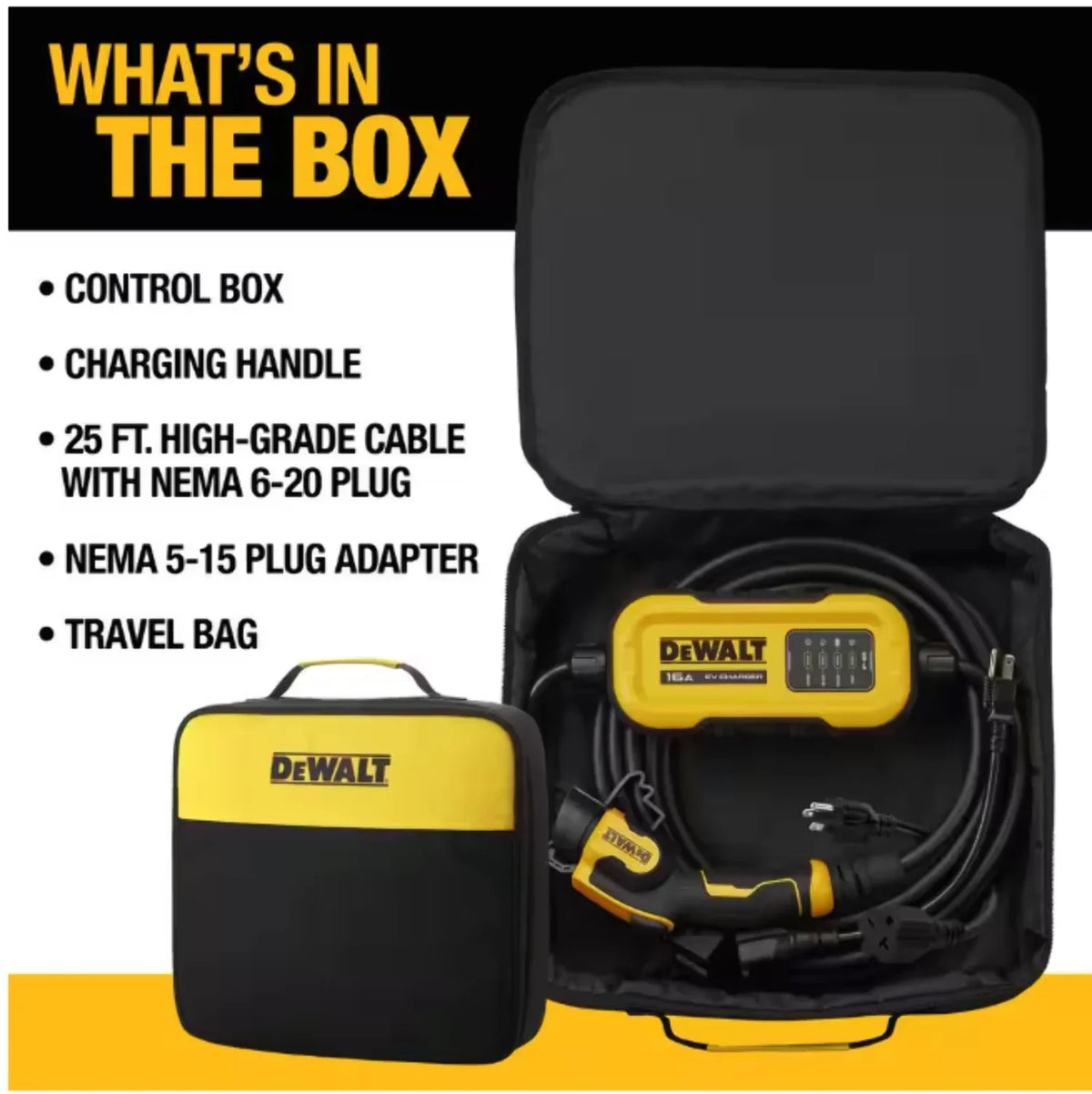 2026 NewDEWALT Level-2 Portable Electric Vehicle EV Charger up to 16 Amps, 120-240-Volt AC 3.8 KW, 25 Ft. Cable, Weatherproof