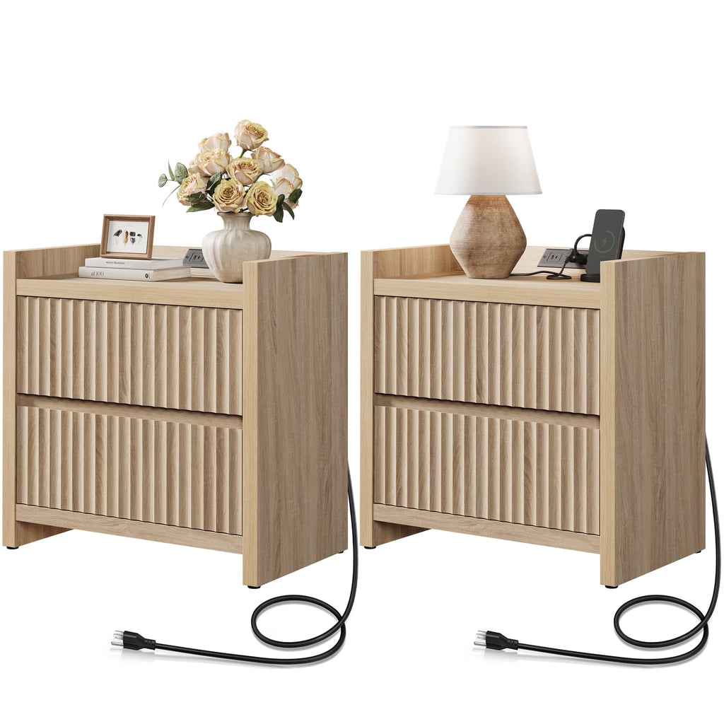 2026 NewSICOTAS 25.4" Wide Nightstand Set of 2 with Charging Station, Modern Night Stand with 2 Fluted Dresser & Handle-Less Storage Farmhouse Bed Side Table for Bedroom, Natural Oak