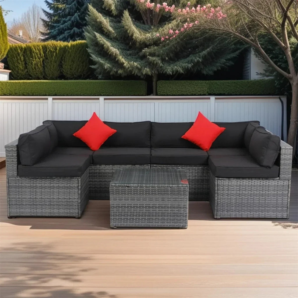 2026 New7 Piece Patio Furniture Sets Outdoor Sectional PE Rattan Outdoor Furniture Patio Conversation Set with Cushions and Glass Coffee Table, for Balcony Lawn and Garden, Gray