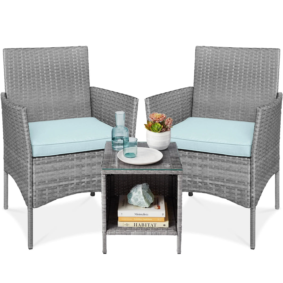2026 NewBest Choice Products 3-Piece Outdoor Wicker Conversation Patio Bistro Set, w/ 2 Chairs, Table - Gray/Navy