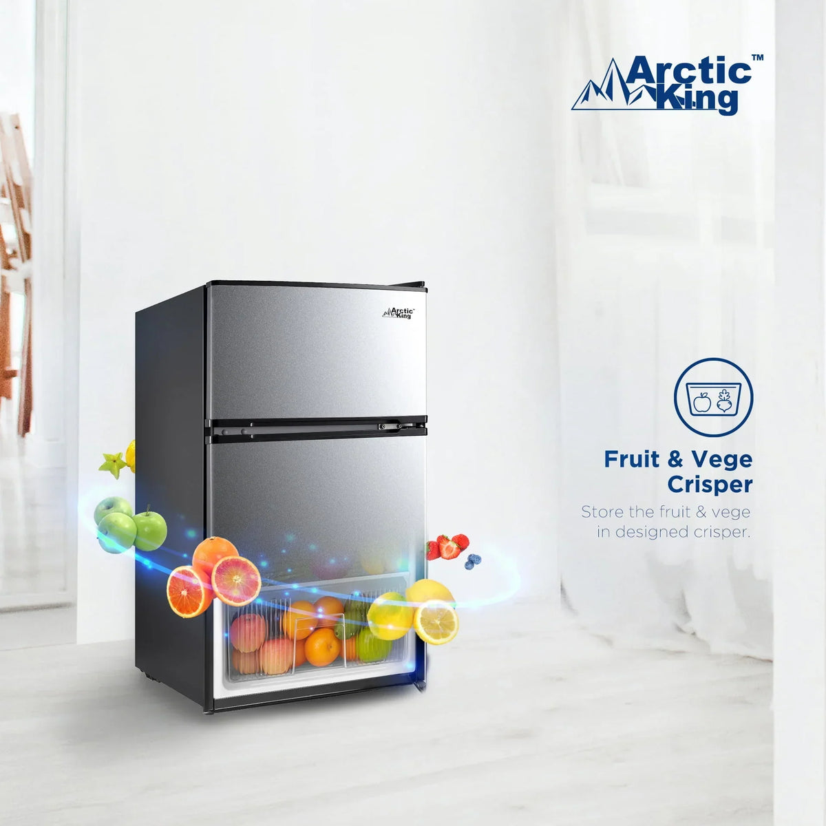 2026 NewArctic King 3.2 Cu ft Two Door Mini Fridge with Freezer, Stainless Steel, E-Star, ARM32D5ASL